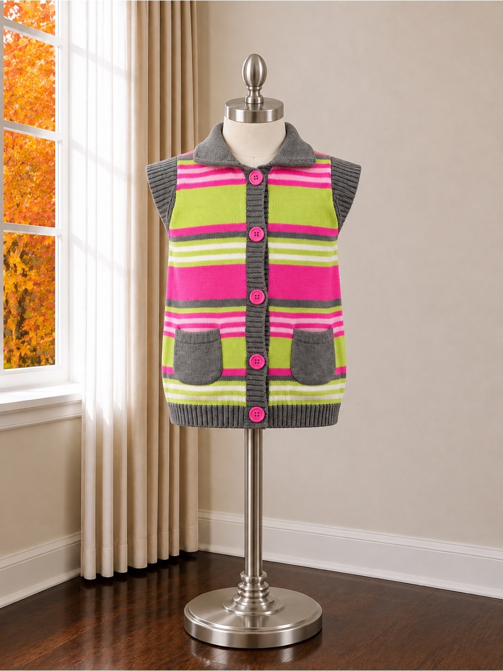 Gymboree Gray, Pink & Lime Striped Knit Button Vest